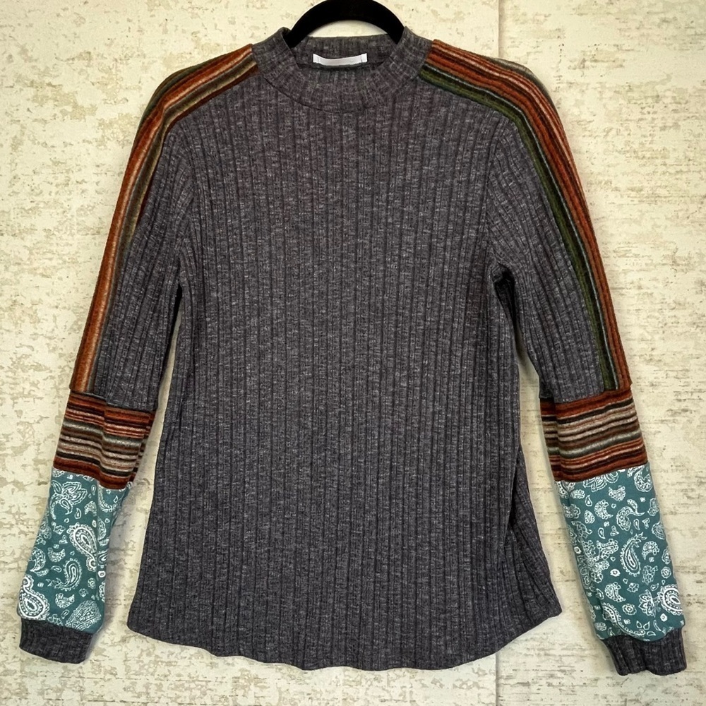 CES FEMME Womens Boho Patchwork Paisley Striped Top Small